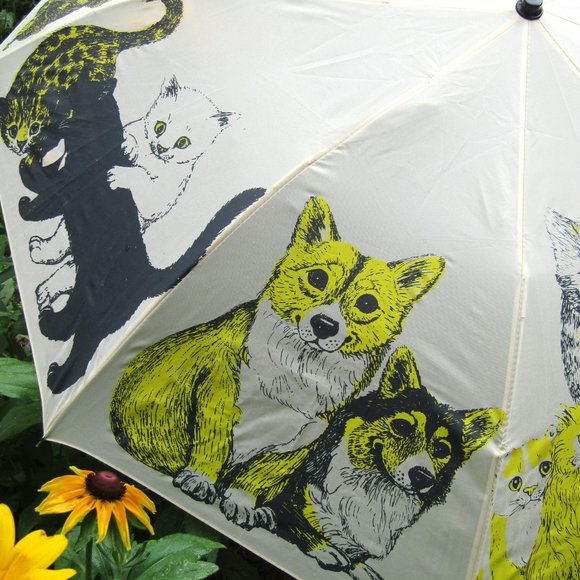 Vintage Umbrella Raining Cats and Dogs Cute Print with Tote 1970s Corgi Collie - Picture 3 of 9